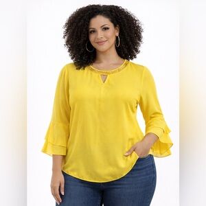 LARGE Cato yellow top gold blouse sequin neck detail bell sleeves
